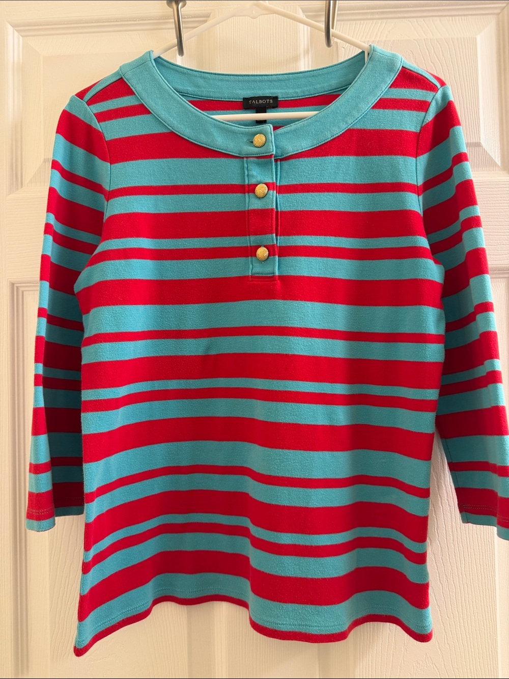 Talbots Red and Aqua Striped 3/4-Sleeve Henley Top